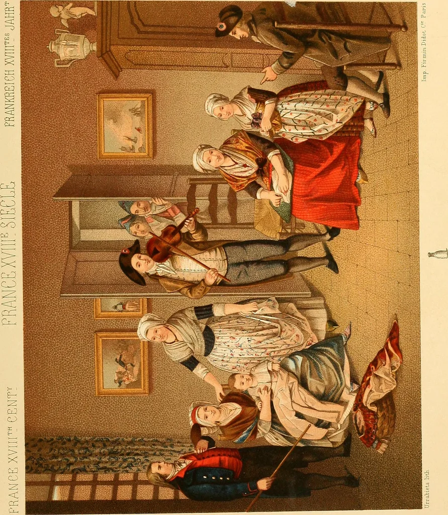 An illustration from Le costume historique. Cinq cents planches, trois cents en couleurs, or et argent, deux cents en camaieu. Types principaux du vêtement et de la parure, rapprochés de ceux de l'intérieur de l'habitation dans tous les temps et chez tous les peuples, avec de nombreux détails sur le mobilier, les armes, les objets usuels, les moyens de transport, etc, 1888, leaf 8