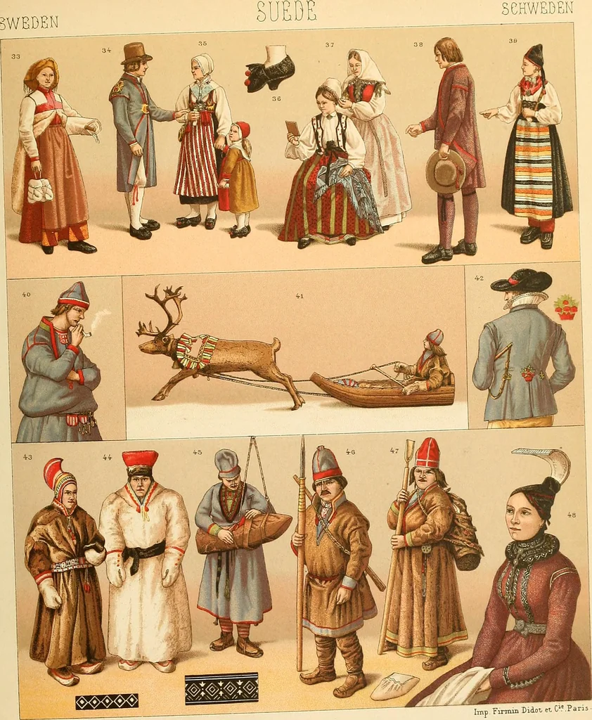 An illustration from Le costume historique. Cinq cents planches, trois cents en couleurs, or et argent, deux cents en camaieu. Types principaux du vêtement et de la parure, rapprochés de ceux de l'intérieur de l'habitation dans tous les temps et chez tous les peuples, avec de nombreux détails sur le mobilier, les armes, les objets usuels, les moyens de transport, etc, 1888, leaf 82