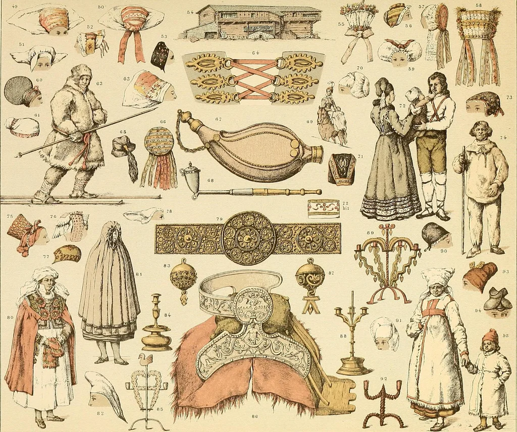An illustration from Le costume historique. Cinq cents planches, trois cents en couleurs, or et argent, deux cents en camaieu. Types principaux du vêtement et de la parure, rapprochés de ceux de l'intérieur de l'habitation dans tous les temps et chez tous les peuples, avec de nombreux détails sur le mobilier, les armes, les objets usuels, les moyens de transport, etc, 1888, leaf 88