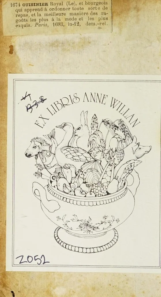 An illustration from Le cuisinier royal et bourgeois : qui apprend à ordonner toute sorte de repas, & la meilleure maniere des ragoûts les plus à la mode & les plus exquis : ouvrage très-utile dans les familles, & singulierement necessaire à tous maitres d'hòtels, & ecuïers de cuisine, 1693, leaf 2