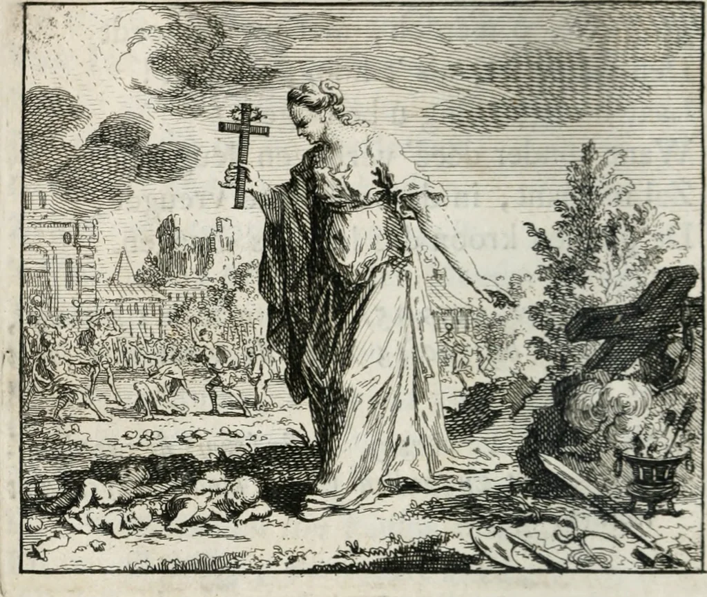 An illustration from Leerzaame zinnebeelden, en Bybel-stoffen : bestaande in Het leven van den propheet Elisa, Moses aanspraak aan Israël, en De verheugde Zacharias, 1756, leaf 103