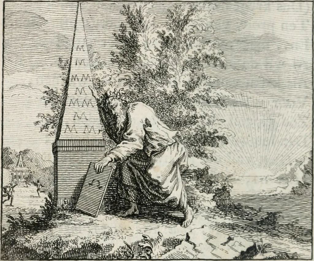 An illustration from Leerzaame zinnebeelden, en Bybel-stoffen : bestaande in Het leven van den propheet Elisa, Moses aanspraak aan Israël, en De verheugde Zacharias, 1756, leaf 111