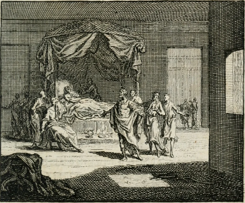 An illustration from Leerzaame zinnebeelden, en Bybel-stoffen : bestaande in Het leven van den propheet Elisa, Moses aanspraak aan Israël, en De verheugde Zacharias, 1756, leaf 182