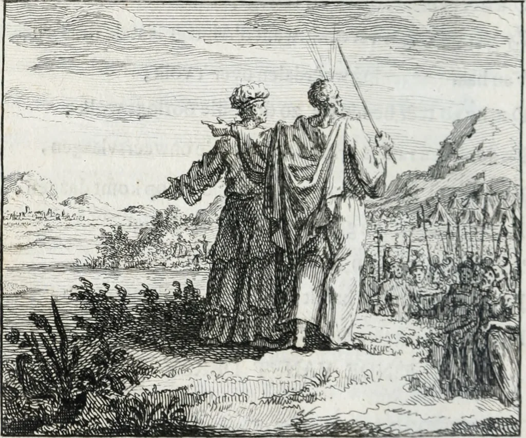 An illustration from Leerzaame zinnebeelden, en Bybel-stoffen : bestaande in Het leven van den propheet Elisa, Moses aanspraak aan Israël, en De verheugde Zacharias, 1756, leaf 213