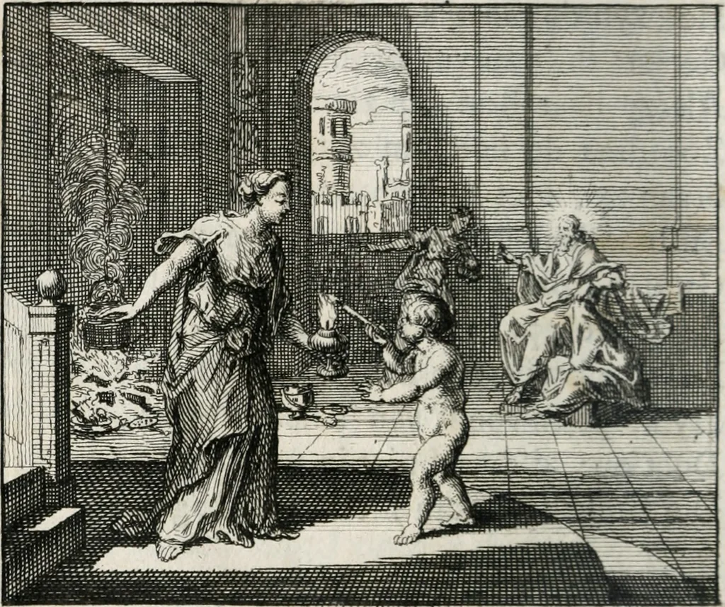 An illustration from Leerzaame zinnebeelden, en Bybel-stoffen : bestaande in Het leven van den propheet Elisa, Moses aanspraak aan Israël, en De verheugde Zacharias, 1756, leaf 23
