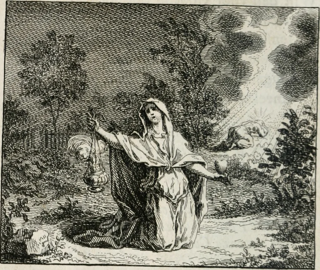 An illustration from Leerzaame zinnebeelden, en Bybel-stoffen : bestaande in Het leven van den propheet Elisa, Moses aanspraak aan Israël, en De verheugde Zacharias, 1756, leaf 35