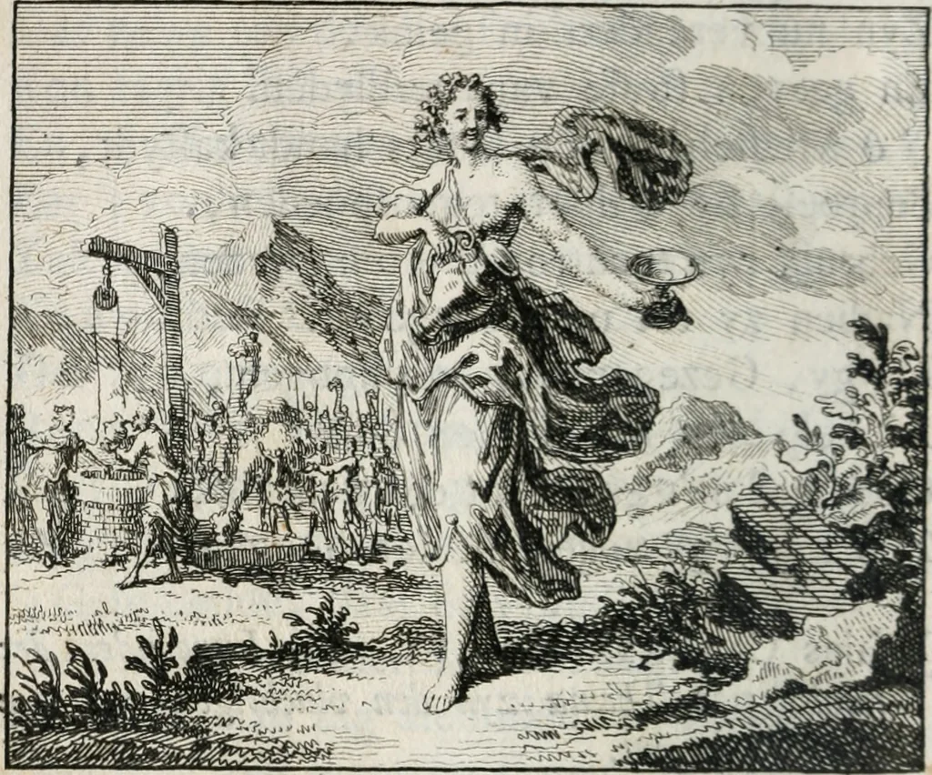 An illustration from Leerzaame zinnebeelden, en Bybel-stoffen : bestaande in Het leven van den propheet Elisa, Moses aanspraak aan Israël, en De verheugde Zacharias, 1756, leaf 55
