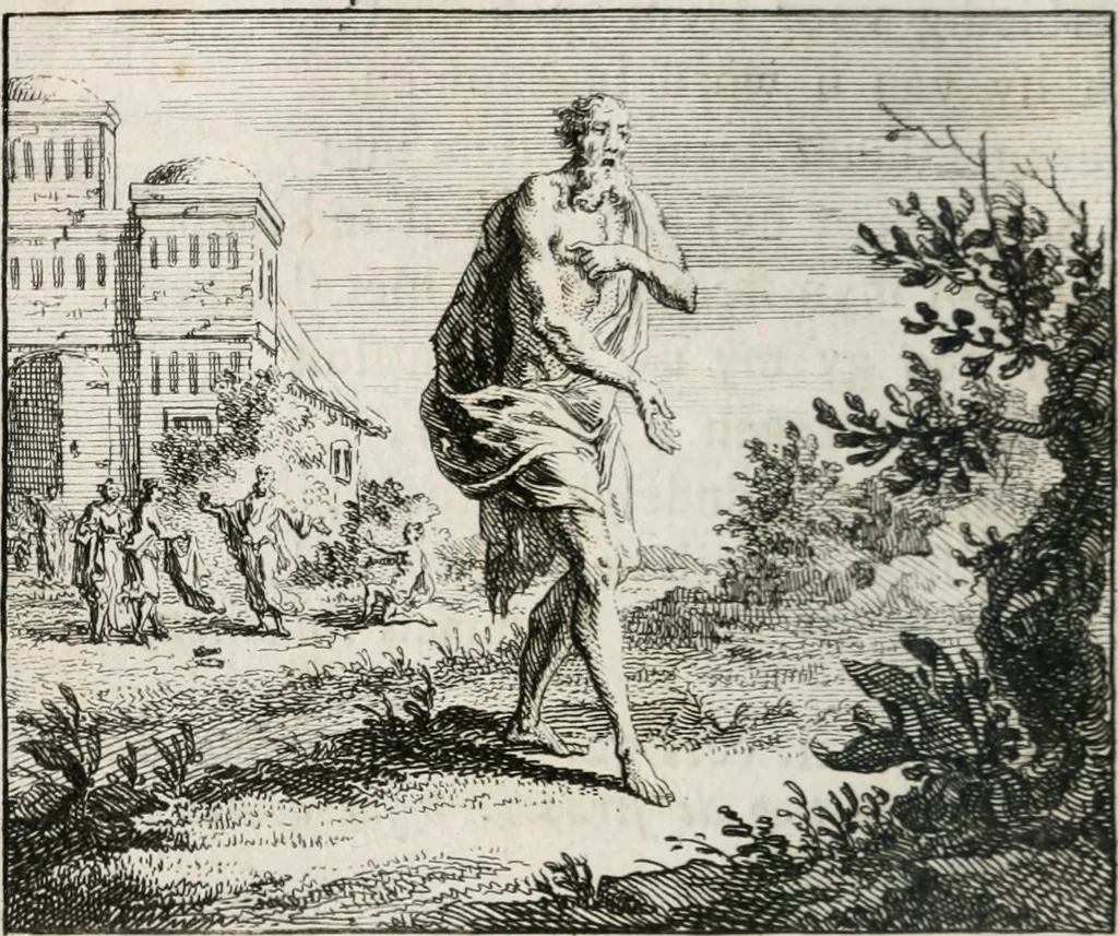 An illustration from Leerzaame zinnebeelden, en Bybel-stoffen : bestaande in Het leven van den propheet Elisa, Moses aanspraak aan Israël, en De verheugde Zacharias, 1756, leaf 63