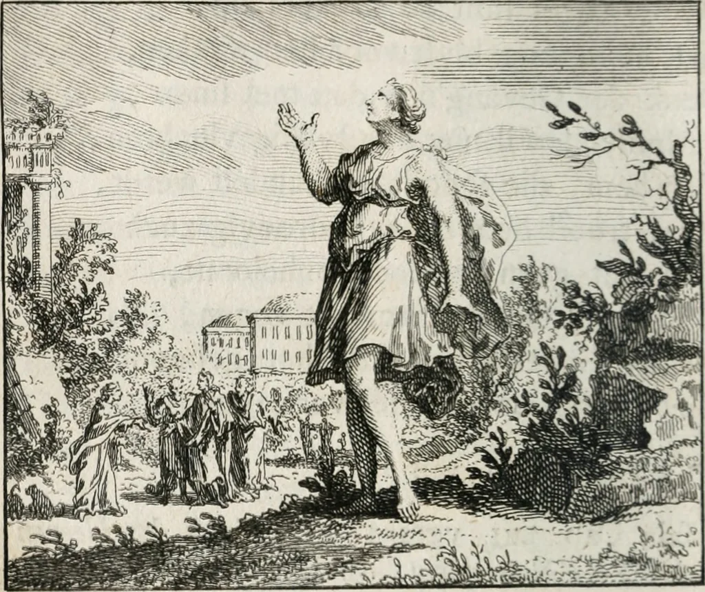 An illustration from Leerzaame zinnebeelden, en Bybel-stoffen : bestaande in Het leven van den propheet Elisa, Moses aanspraak aan Israël, en De verheugde Zacharias, 1756, leaf 75
