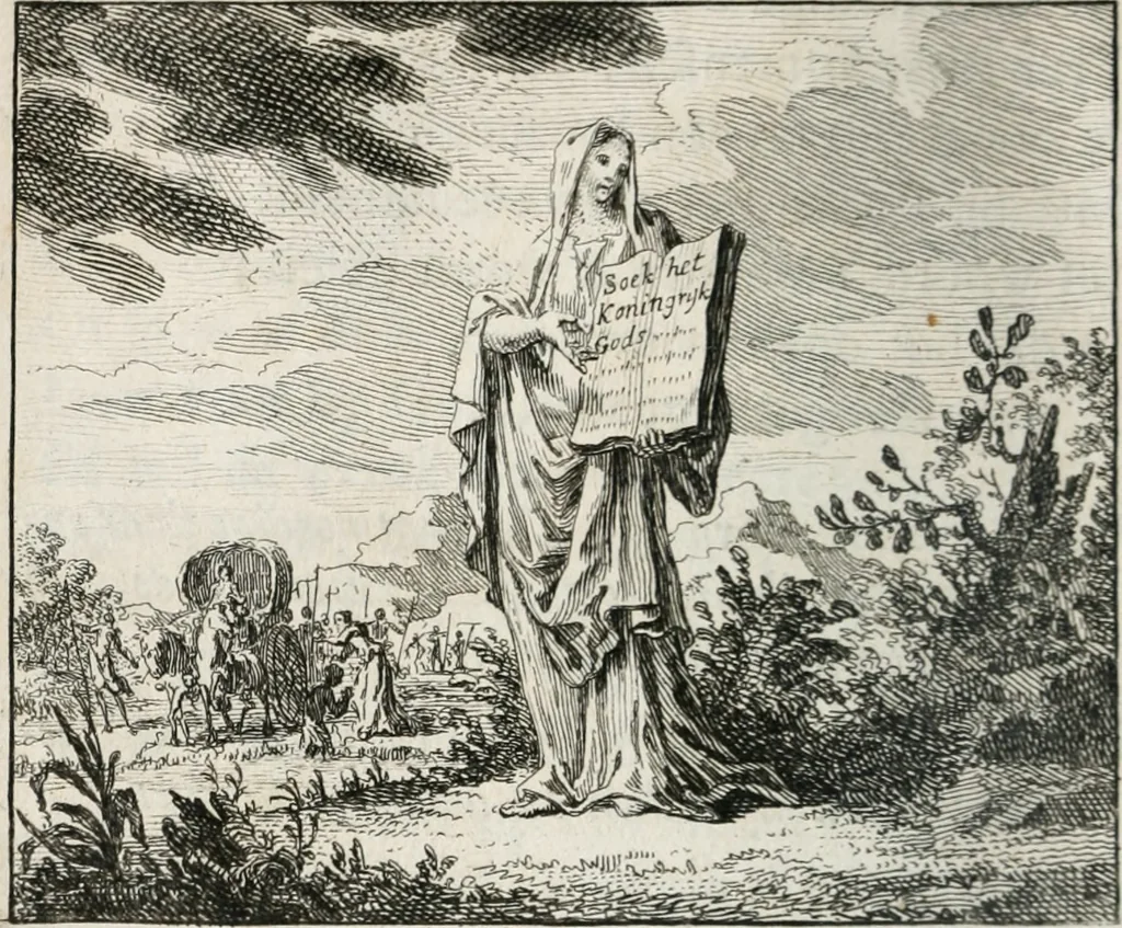 An illustration from Leerzaame zinnebeelden, en Bybel-stoffen : bestaande in Het leven van den propheet Elisa, Moses aanspraak aan Israël, en De verheugde Zacharias, 1756, leaf 87