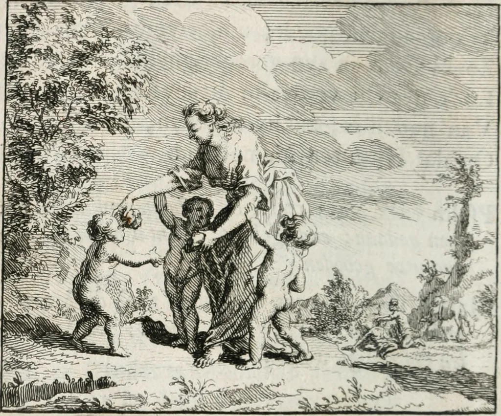 An illustration from Leerzaame zinnebeelden, en Bybel-stoffen : bestaande in Het leven van den propheet Elisa, Moses aanspraak aan Israël, en De verheugde Zacharias, 1756, leaf 91