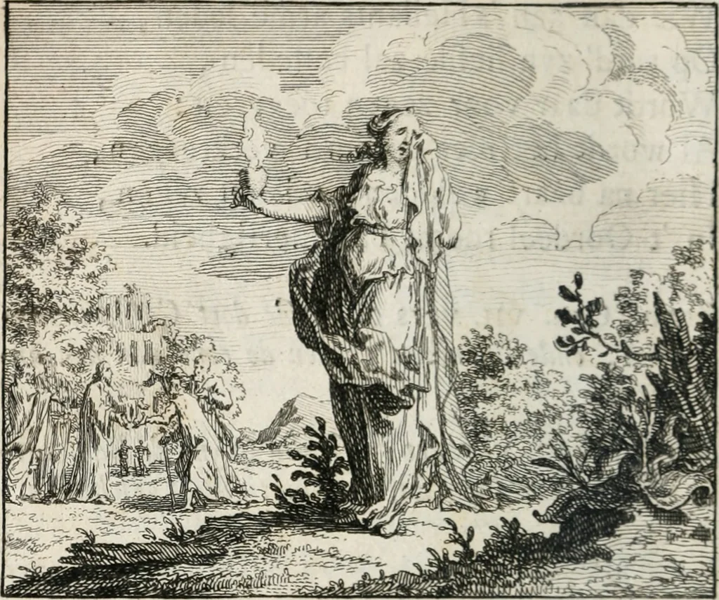 An illustration from Leerzaame zinnebeelden, en Bybel-stoffen : bestaande in Het leven van den propheet Elisa, Moses aanspraak aan Israël, en De verheugde Zacharias, 1756, leaf 95