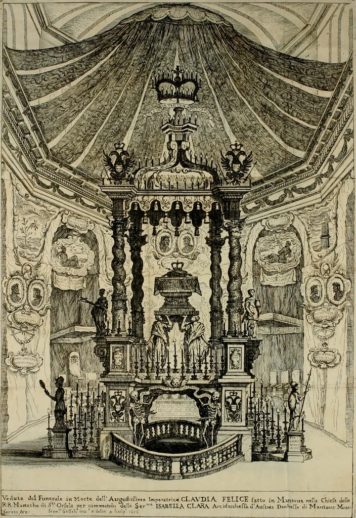 An illustration from Le essequie celebratesi nella chiesa delle MM. RR. Madri di S. Orsola di Mantoua : d'ordine della serenissima signora arciduchessa Isabella Clara d' Austria, duchessa di Mantoua, Monferrato, &c., per la morte dell' imperatrice augustissima Claudia Felice lei nipote, 1676, leaf 8