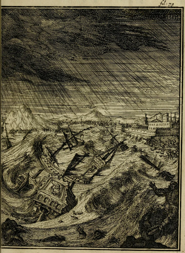 An illustration from Leeven en daden der doorluchtighste zee-helden en ontdeckers van landen deser eeuwen : beginnende met Christoffel Colombus, vinder van de nieuwe wereldt, en eyndigende met den roemruchtigen admirael M.A. de Ruyter, Ridd. &c. : vertoonende veel vreemde voorvallen, dappere verrichtingen, stoutmoedige bestieringen, en swaere zee-slagen, &c. : naeukeurigh, uyt veele geloofwaerdige schriften, en authentijcke stucken, by een gebracht, en beschreven, 1676, leaf 102