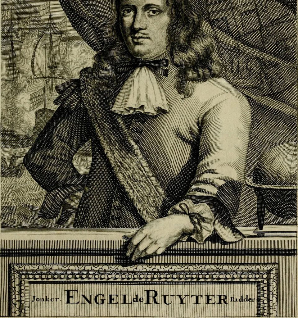 An illustration from Leeven en daden der doorluchtighste zee-helden en ontdeckers van landen deser eeuwen : beginnende met Christoffel Colombus, vinder van de nieuwe wereldt, en eyndigende met den roemruchtigen admirael M.A. de Ruyter, Ridd. &c. : vertoonende veel vreemde voorvallen, dappere verrichtingen, stoutmoedige bestieringen, en swaere zee-slagen, &c. : naeukeurigh, uyt veele geloofwaerdige schriften, en authentijcke stucken, by een gebracht, en beschreven, 1676, leaf 12