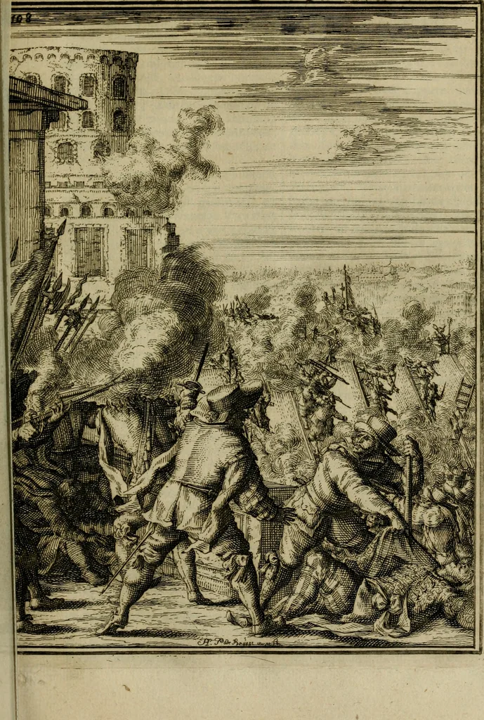 An illustration from Leeven en daden der doorluchtighste zee-helden en ontdeckers van landen deser eeuwen : beginnende met Christoffel Colombus, vinder van de nieuwe wereldt, en eyndigende met den roemruchtigen admirael M.A. de Ruyter, Ridd. &c. : vertoonende veel vreemde voorvallen, dappere verrichtingen, stoutmoedige bestieringen, en swaere zee-slagen, &c. : naeukeurigh, uyt veele geloofwaerdige schriften, en authentijcke stucken, by een gebracht, en beschreven, 1676, leaf 136