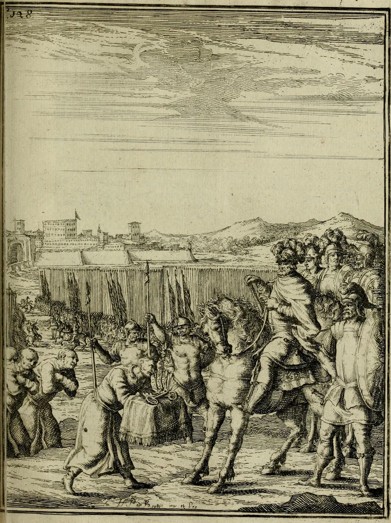 An illustration from Leeven en daden der doorluchtighste zee-helden en ontdeckers van landen deser eeuwen : beginnende met Christoffel Colombus, vinder van de nieuwe wereldt, en eyndigende met den roemruchtigen admirael M.A. de Ruyter, Ridd. &c. : vertoonende veel vreemde voorvallen, dappere verrichtingen, stoutmoedige bestieringen, en swaere zee-slagen, &c. : naeukeurigh, uyt veele geloofwaerdige schriften, en authentijcke stucken, by een gebracht, en beschreven, 1676, leaf 156
