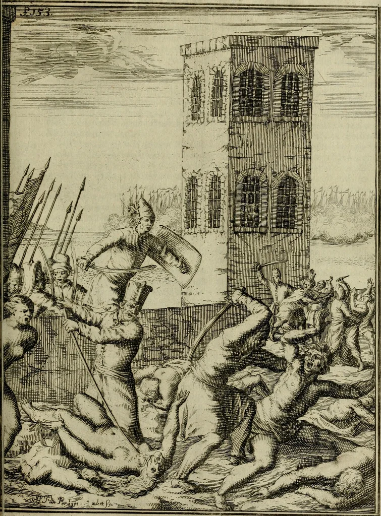 An illustration from Leeven en daden der doorluchtighste zee-helden en ontdeckers van landen deser eeuwen : beginnende met Christoffel Colombus, vinder van de nieuwe wereldt, en eyndigende met den roemruchtigen admirael M.A. de Ruyter, Ridd. &c. : vertoonende veel vreemde voorvallen, dappere verrichtingen, stoutmoedige bestieringen, en swaere zee-slagen, &c. : naeukeurigh, uyt veele geloofwaerdige schriften, en authentijcke stucken, by een gebracht, en beschreven, 1676, leaf 186