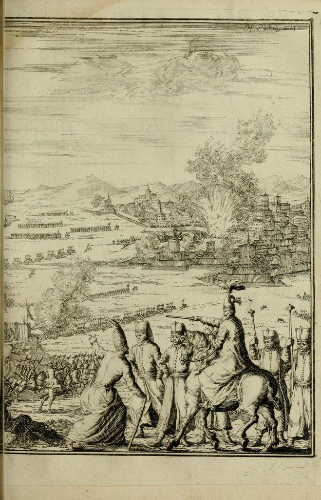 An illustration from Leeven en daden der doorluchtighste zee-helden en ontdeckers van landen deser eeuwen : beginnende met Christoffel Colombus, vinder van de nieuwe wereldt, en eyndigende met den roemruchtigen admirael M.A. de Ruyter, Ridd. &c. : vertoonende veel vreemde voorvallen, dappere verrichtingen, stoutmoedige bestieringen, en swaere zee-slagen, &c. : naeukeurigh, uyt veele geloofwaerdige schriften, en authentijcke stucken, by een gebracht, en beschreven, 1676, leaf 222