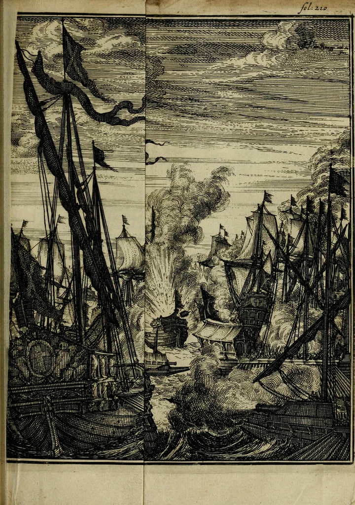 An illustration from Leeven en daden der doorluchtighste zee-helden en ontdeckers van landen deser eeuwen : beginnende met Christoffel Colombus, vinder van de nieuwe wereldt, en eyndigende met den roemruchtigen admirael M.A. de Ruyter, Ridd. &c. : vertoonende veel vreemde voorvallen, dappere verrichtingen, stoutmoedige bestieringen, en swaere zee-slagen, &c. : naeukeurigh, uyt veele geloofwaerdige schriften, en authentijcke stucken, by een gebracht, en beschreven, 1676, leaf 256
