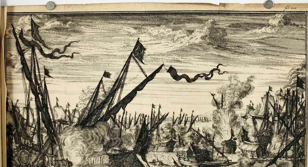 An illustration from Leeven en daden der doorluchtighste zee-helden en ontdeckers van landen deser eeuwen : beginnende met Christoffel Colombus, vinder van de nieuwe wereldt, en eyndigende met den roemruchtigen admirael M.A. de Ruyter, Ridd. &c. : vertoonende veel vreemde voorvallen, dappere verrichtingen, stoutmoedige bestieringen, en swaere zee-slagen, &c. : naeukeurigh, uyt veele geloofwaerdige schriften, en authentijcke stucken, by een gebracht, en beschreven, 1676, leaf 257