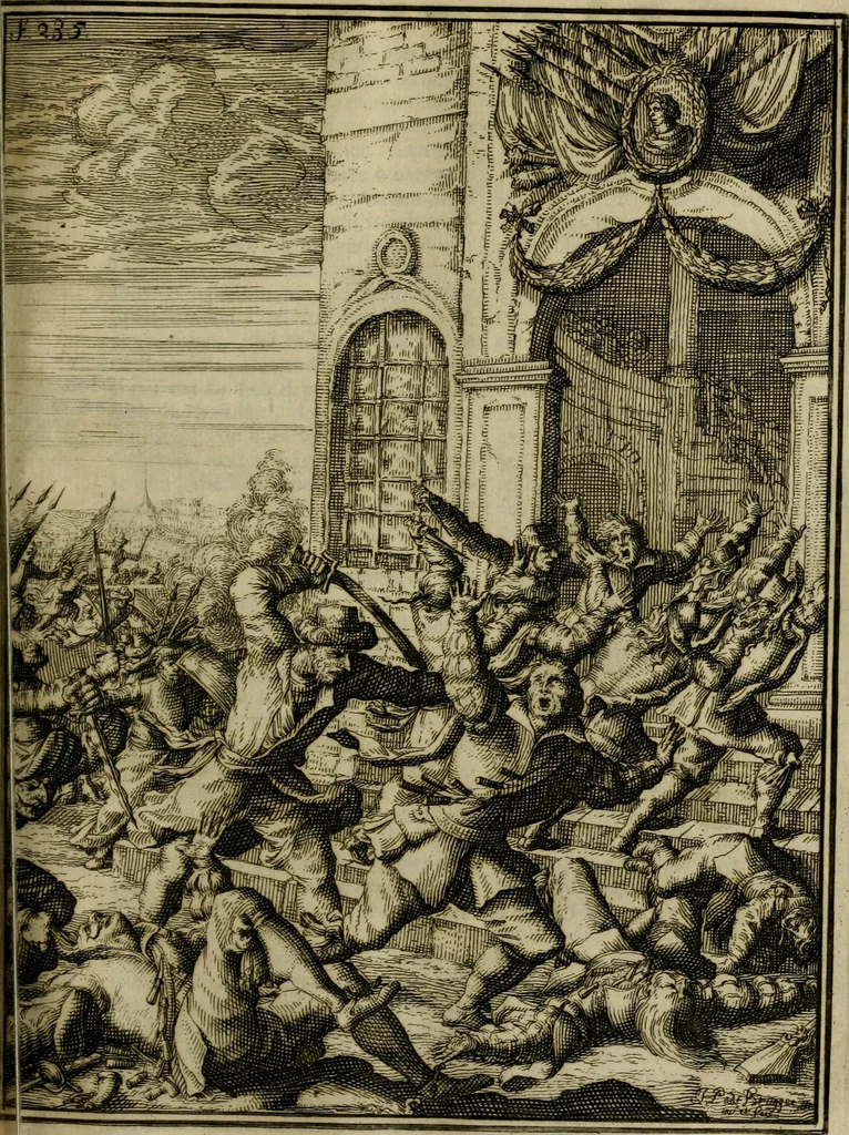 An illustration from Leeven en daden der doorluchtighste zee-helden en ontdeckers van landen deser eeuwen : beginnende met Christoffel Colombus, vinder van de nieuwe wereldt, en eyndigende met den roemruchtigen admirael M.A. de Ruyter, Ridd. &c. : vertoonende veel vreemde voorvallen, dappere verrichtingen, stoutmoedige bestieringen, en swaere zee-slagen, &c. : naeukeurigh, uyt veele geloofwaerdige schriften, en authentijcke stucken, by een gebracht, en beschreven, 1676, leaf 272