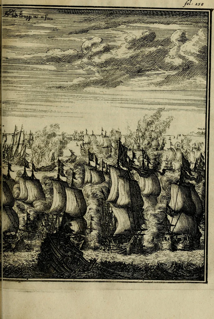 An illustration from Leeven en daden der doorluchtighste zee-helden en ontdeckers van landen deser eeuwen : beginnende met Christoffel Colombus, vinder van de nieuwe wereldt, en eyndigende met den roemruchtigen admirael M.A. de Ruyter, Ridd. &c. : vertoonende veel vreemde voorvallen, dappere verrichtingen, stoutmoedige bestieringen, en swaere zee-slagen, &c. : naeukeurigh, uyt veele geloofwaerdige schriften, en authentijcke stucken, by een gebracht, en beschreven, 1676, leaf 298