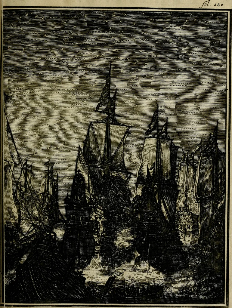 An illustration from Leeven en daden der doorluchtighste zee-helden en ontdeckers van landen deser eeuwen : beginnende met Christoffel Colombus, vinder van de nieuwe wereldt, en eyndigende met den roemruchtigen admirael M.A. de Ruyter, Ridd. &c. : vertoonende veel vreemde voorvallen, dappere verrichtingen, stoutmoedige bestieringen, en swaere zee-slagen, &c. : naeukeurigh, uyt veele geloofwaerdige schriften, en authentijcke stucken, by een gebracht, en beschreven, 1676, leaf 320