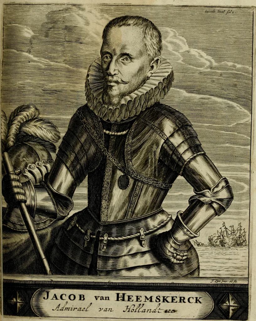 An illustration from Leeven en daden der doorluchtighste zee-helden en ontdeckers van landen deser eeuwen : beginnende met Christoffel Colombus, vinder van de nieuwe wereldt, en eyndigende met den roemruchtigen admirael M.A. de Ruyter, Ridd. &c. : vertoonende veel vreemde voorvallen, dappere verrichtingen, stoutmoedige bestieringen, en swaere zee-slagen, &c. : naeukeurigh, uyt veele geloofwaerdige schriften, en authentijcke stucken, by een gebracht, en beschreven, 1676, leaf 396