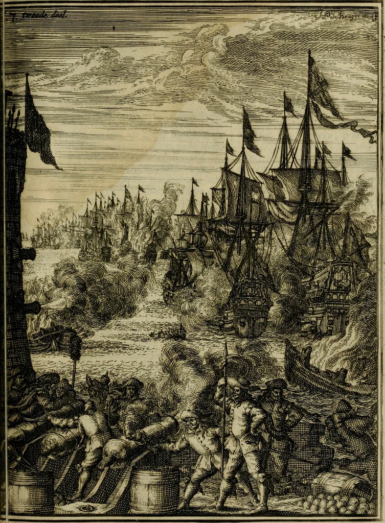 An illustration from Leeven en daden der doorluchtighste zee-helden en ontdeckers van landen deser eeuwen : beginnende met Christoffel Colombus, vinder van de nieuwe wereldt, en eyndigende met den roemruchtigen admirael M.A. de Ruyter, Ridd. &c. : vertoonende veel vreemde voorvallen, dappere verrichtingen, stoutmoedige bestieringen, en swaere zee-slagen, &c. : naeukeurigh, uyt veele geloofwaerdige schriften, en authentijcke stucken, by een gebracht, en beschreven, 1676, leaf 402