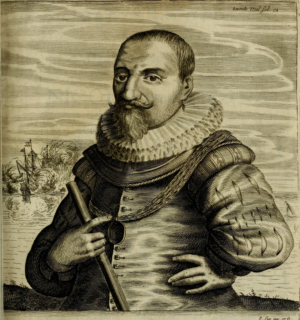 An illustration from Leeven en daden der doorluchtighste zee-helden en ontdeckers van landen deser eeuwen : beginnende met Christoffel Colombus, vinder van de nieuwe wereldt, en eyndigende met den roemruchtigen admirael M.A. de Ruyter, Ridd. &c. : vertoonende veel vreemde voorvallen, dappere verrichtingen, stoutmoedige bestieringen, en swaere zee-slagen, &c. : naeukeurigh, uyt veele geloofwaerdige schriften, en authentijcke stucken, by een gebracht, en beschreven, 1676, leaf 408