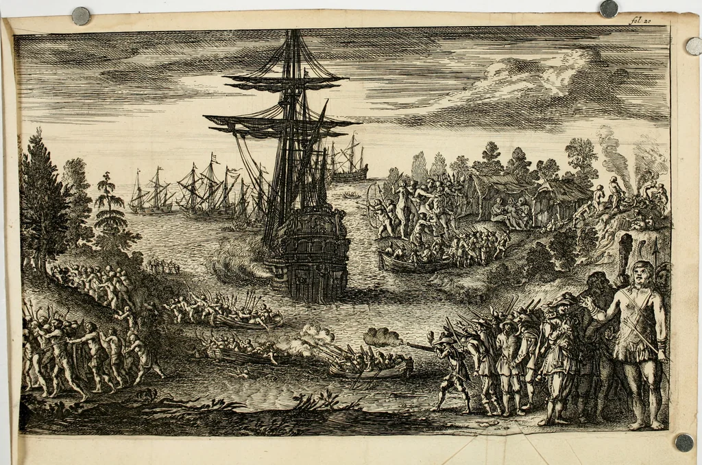 An illustration from Leeven en daden der doorluchtighste zee-helden en ontdeckers van landen deser eeuwen : beginnende met Christoffel Colombus, vinder van de nieuwe wereldt, en eyndigende met den roemruchtigen admirael M.A. de Ruyter, Ridd. &c. : vertoonende veel vreemde voorvallen, dappere verrichtingen, stoutmoedige bestieringen, en swaere zee-slagen, &c. : naeukeurigh, uyt veele geloofwaerdige schriften, en authentijcke stucken, by een gebracht, en beschreven, 1676, leaf 41