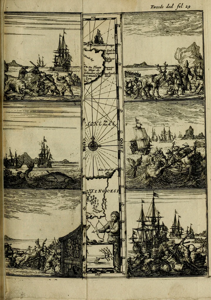 An illustration from Leeven en daden der doorluchtighste zee-helden en ontdeckers van landen deser eeuwen : beginnende met Christoffel Colombus, vinder van de nieuwe wereldt, en eyndigende met den roemruchtigen admirael M.A. de Ruyter, Ridd. &c. : vertoonende veel vreemde voorvallen, dappere verrichtingen, stoutmoedige bestieringen, en swaere zee-slagen, &c. : naeukeurigh, uyt veele geloofwaerdige schriften, en authentijcke stucken, by een gebracht, en beschreven, 1676, leaf 428