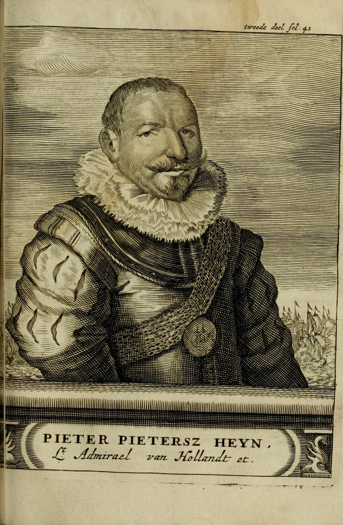 An illustration from Leeven en daden der doorluchtighste zee-helden en ontdeckers van landen deser eeuwen : beginnende met Christoffel Colombus, vinder van de nieuwe wereldt, en eyndigende met den roemruchtigen admirael M.A. de Ruyter, Ridd. &c. : vertoonende veel vreemde voorvallen, dappere verrichtingen, stoutmoedige bestieringen, en swaere zee-slagen, &c. : naeukeurigh, uyt veele geloofwaerdige schriften, en authentijcke stucken, by een gebracht, en beschreven, 1676, leaf 444
