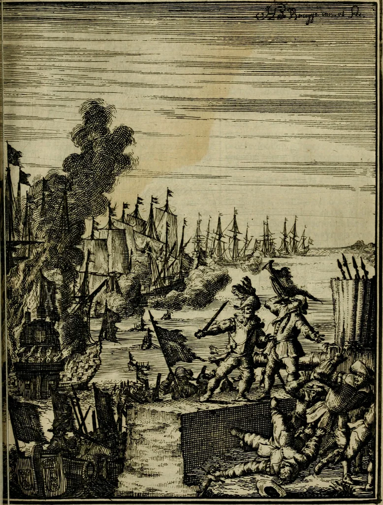 An illustration from Leeven en daden der doorluchtighste zee-helden en ontdeckers van landen deser eeuwen : beginnende met Christoffel Colombus, vinder van de nieuwe wereldt, en eyndigende met den roemruchtigen admirael M.A. de Ruyter, Ridd. &c. : vertoonende veel vreemde voorvallen, dappere verrichtingen, stoutmoedige bestieringen, en swaere zee-slagen, &c. : naeukeurigh, uyt veele geloofwaerdige schriften, en authentijcke stucken, by een gebracht, en beschreven, 1676, leaf 452
