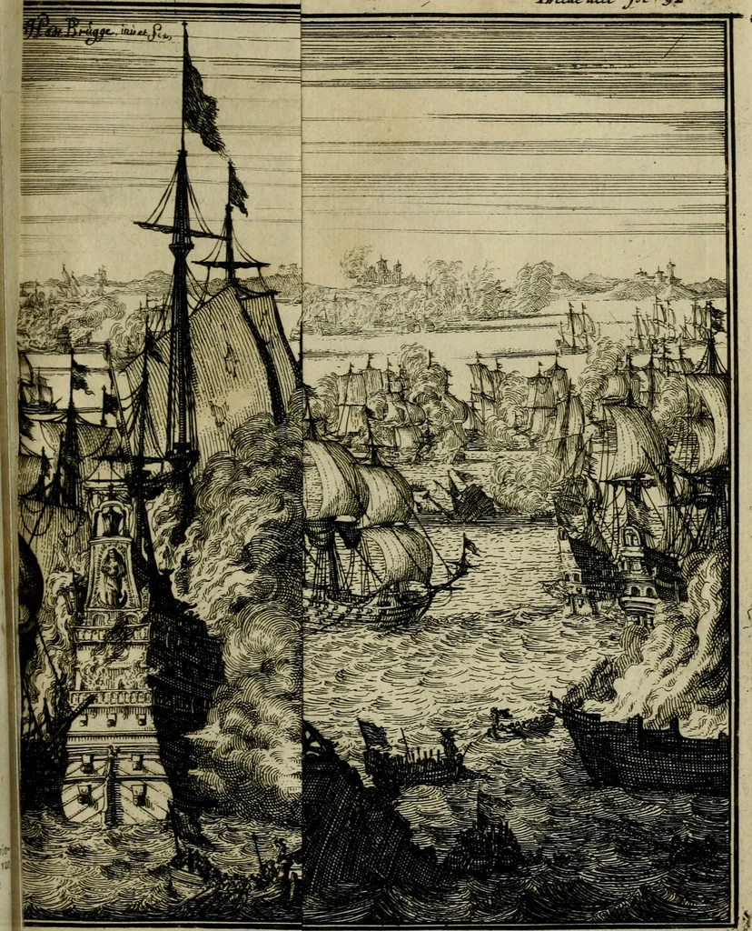 An illustration from Leeven en daden der doorluchtighste zee-helden en ontdeckers van landen deser eeuwen : beginnende met Christoffel Colombus, vinder van de nieuwe wereldt, en eyndigende met den roemruchtigen admirael M.A. de Ruyter, Ridd. &c. : vertoonende veel vreemde voorvallen, dappere verrichtingen, stoutmoedige bestieringen, en swaere zee-slagen, &c. : naeukeurigh, uyt veele geloofwaerdige schriften, en authentijcke stucken, by een gebracht, en beschreven, 1676, leaf 498