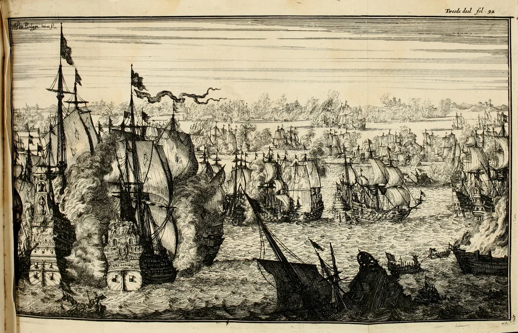 An illustration from Leeven en daden der doorluchtighste zee-helden en ontdeckers van landen deser eeuwen : beginnende met Christoffel Colombus, vinder van de nieuwe wereldt, en eyndigende met den roemruchtigen admirael M.A. de Ruyter, Ridd. &c. : vertoonende veel vreemde voorvallen, dappere verrichtingen, stoutmoedige bestieringen, en swaere zee-slagen, &c. : naeukeurigh, uyt veele geloofwaerdige schriften, en authentijcke stucken, by een gebracht, en beschreven, 1676, leaf 499