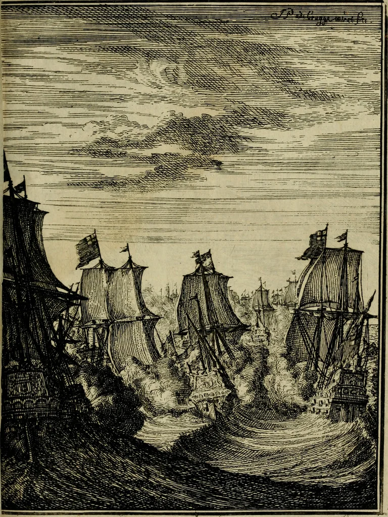 An illustration from Leeven en daden der doorluchtighste zee-helden en ontdeckers van landen deser eeuwen : beginnende met Christoffel Colombus, vinder van de nieuwe wereldt, en eyndigende met den roemruchtigen admirael M.A. de Ruyter, Ridd. &c. : vertoonende veel vreemde voorvallen, dappere verrichtingen, stoutmoedige bestieringen, en swaere zee-slagen, &c. : naeukeurigh, uyt veele geloofwaerdige schriften, en authentijcke stucken, by een gebracht, en beschreven, 1676, leaf 508