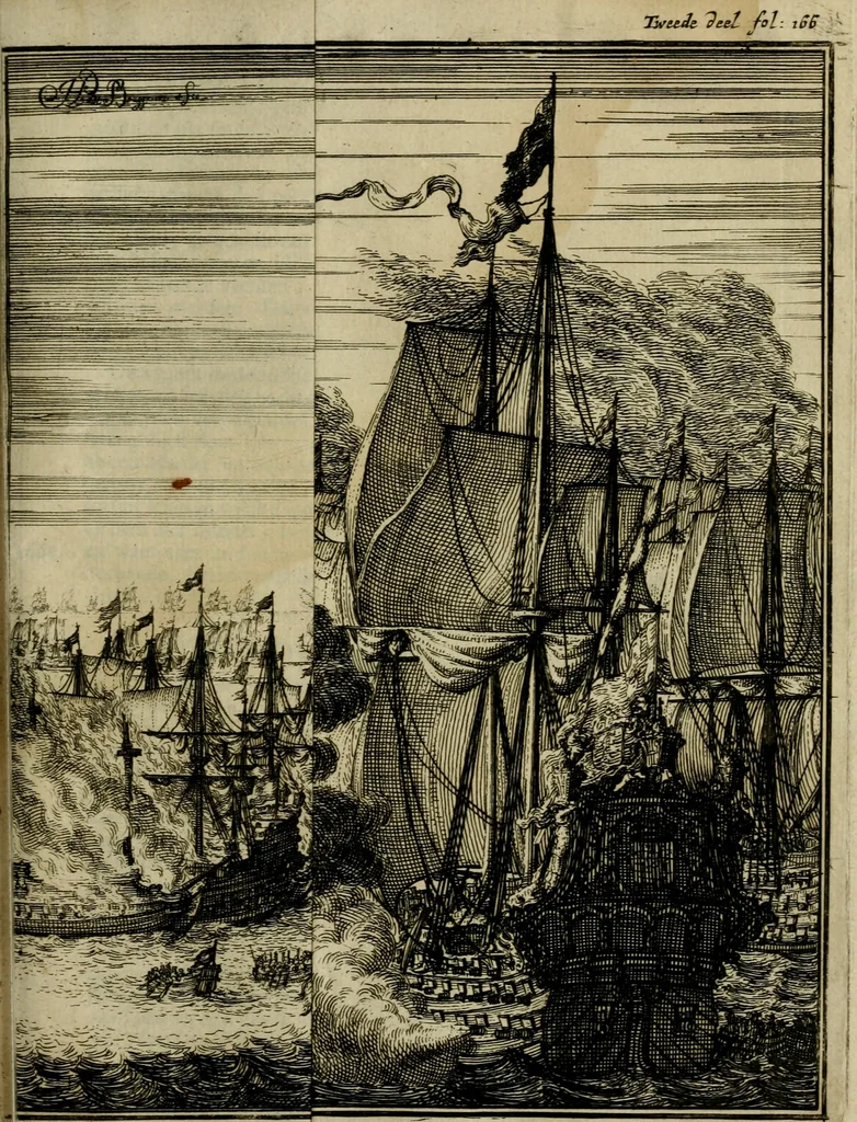 An illustration from Leeven en daden der doorluchtighste zee-helden en ontdeckers van landen deser eeuwen : beginnende met Christoffel Colombus, vinder van de nieuwe wereldt, en eyndigende met den roemruchtigen admirael M.A. de Ruyter, Ridd. &c. : vertoonende veel vreemde voorvallen, dappere verrichtingen, stoutmoedige bestieringen, en swaere zee-slagen, &c. : naeukeurigh, uyt veele geloofwaerdige schriften, en authentijcke stucken, by een gebracht, en beschreven, 1676, leaf 578