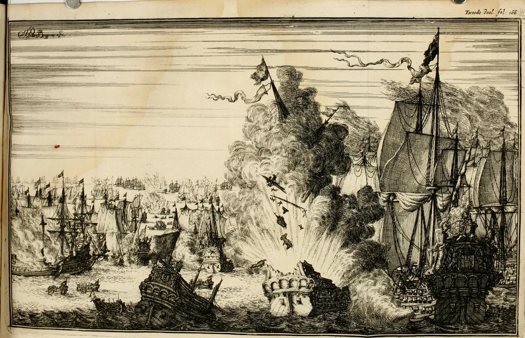 An illustration from Leeven en daden der doorluchtighste zee-helden en ontdeckers van landen deser eeuwen : beginnende met Christoffel Colombus, vinder van de nieuwe wereldt, en eyndigende met den roemruchtigen admirael M.A. de Ruyter, Ridd. &c. : vertoonende veel vreemde voorvallen, dappere verrichtingen, stoutmoedige bestieringen, en swaere zee-slagen, &c. : naeukeurigh, uyt veele geloofwaerdige schriften, en authentijcke stucken, by een gebracht, en beschreven, 1676, leaf 579