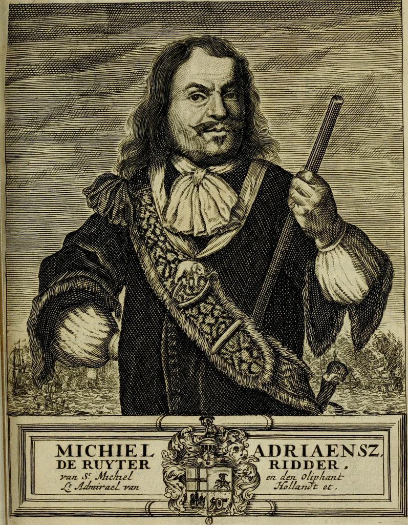 An illustration from Leeven en daden der doorluchtighste zee-helden en ontdeckers van landen deser eeuwen : beginnende met Christoffel Colombus, vinder van de nieuwe wereldt, en eyndigende met den roemruchtigen admirael M.A. de Ruyter, Ridd. &c. : vertoonende veel vreemde voorvallen, dappere verrichtingen, stoutmoedige bestieringen, en swaere zee-slagen, &c. : naeukeurigh, uyt veele geloofwaerdige schriften, en authentijcke stucken, by een gebracht, en beschreven, 1676, leaf 586