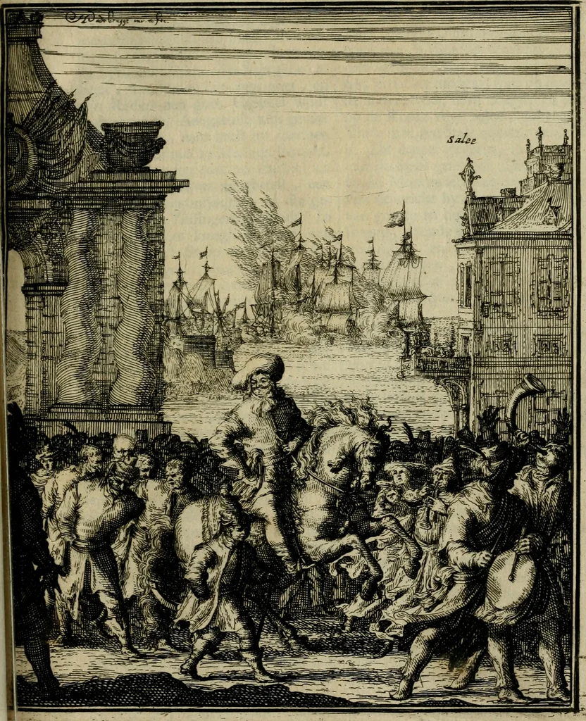 An illustration from Leeven en daden der doorluchtighste zee-helden en ontdeckers van landen deser eeuwen : beginnende met Christoffel Colombus, vinder van de nieuwe wereldt, en eyndigende met den roemruchtigen admirael M.A. de Ruyter, Ridd. &c. : vertoonende veel vreemde voorvallen, dappere verrichtingen, stoutmoedige bestieringen, en swaere zee-slagen, &c. : naeukeurigh, uyt veele geloofwaerdige schriften, en authentijcke stucken, by een gebracht, en beschreven, 1676, leaf 592