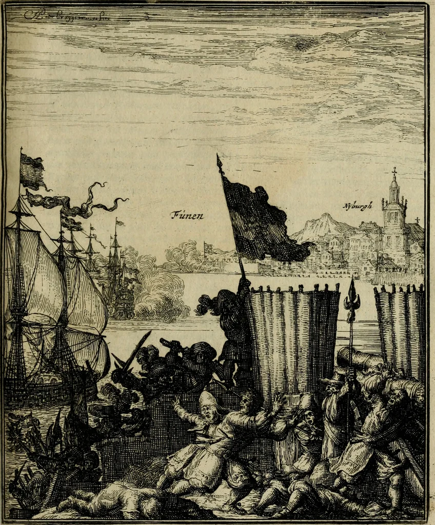 An illustration from Leeven en daden der doorluchtighste zee-helden en ontdeckers van landen deser eeuwen : beginnende met Christoffel Colombus, vinder van de nieuwe wereldt, en eyndigende met den roemruchtigen admirael M.A. de Ruyter, Ridd. &c. : vertoonende veel vreemde voorvallen, dappere verrichtingen, stoutmoedige bestieringen, en swaere zee-slagen, &c. : naeukeurigh, uyt veele geloofwaerdige schriften, en authentijcke stucken, by een gebracht, en beschreven, 1676, leaf 602