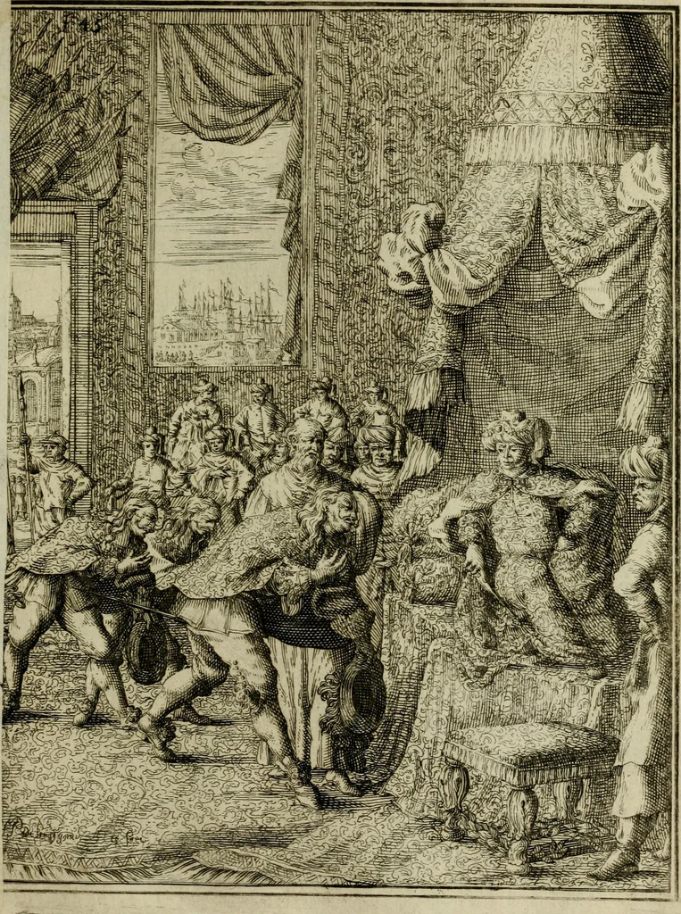 An illustration from Leeven en daden der doorluchtighste zee-helden en ontdeckers van landen deser eeuwen : beginnende met Christoffel Colombus, vinder van de nieuwe wereldt, en eyndigende met den roemruchtigen admirael M.A. de Ruyter, Ridd. &c. : vertoonende veel vreemde voorvallen, dappere verrichtingen, stoutmoedige bestieringen, en swaere zee-slagen, &c. : naeukeurigh, uyt veele geloofwaerdige schriften, en authentijcke stucken, by een gebracht, en beschreven, 1676, leaf 66