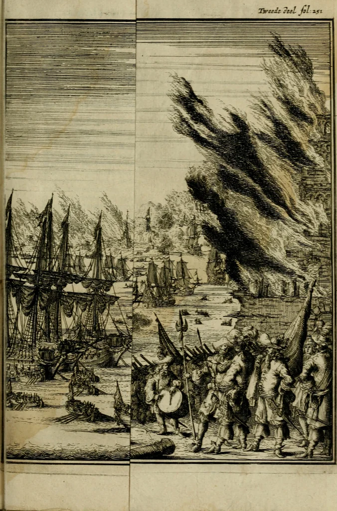 An illustration from Leeven en daden der doorluchtighste zee-helden en ontdeckers van landen deser eeuwen : beginnende met Christoffel Colombus, vinder van de nieuwe wereldt, en eyndigende met den roemruchtigen admirael M.A. de Ruyter, Ridd. &c. : vertoonende veel vreemde voorvallen, dappere verrichtingen, stoutmoedige bestieringen, en swaere zee-slagen, &c. : naeukeurigh, uyt veele geloofwaerdige schriften, en authentijcke stucken, by een gebracht, en beschreven, 1676, leaf 668
