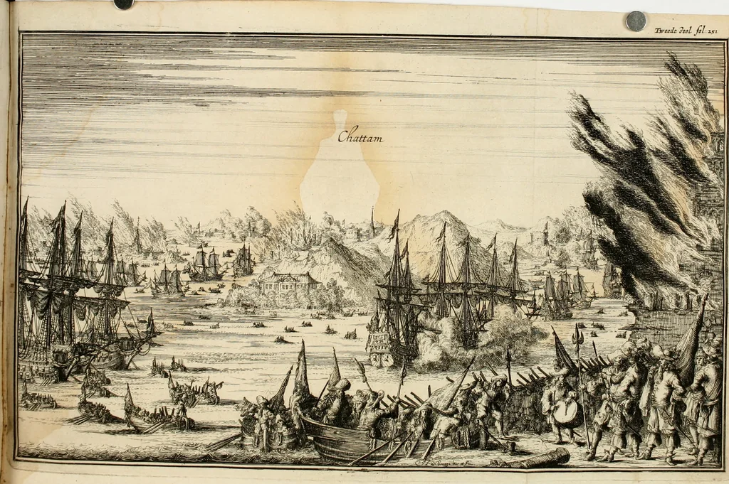 An illustration from Leeven en daden der doorluchtighste zee-helden en ontdeckers van landen deser eeuwen : beginnende met Christoffel Colombus, vinder van de nieuwe wereldt, en eyndigende met den roemruchtigen admirael M.A. de Ruyter, Ridd. &c. : vertoonende veel vreemde voorvallen, dappere verrichtingen, stoutmoedige bestieringen, en swaere zee-slagen, &c. : naeukeurigh, uyt veele geloofwaerdige schriften, en authentijcke stucken, by een gebracht, en beschreven, 1676, leaf 669