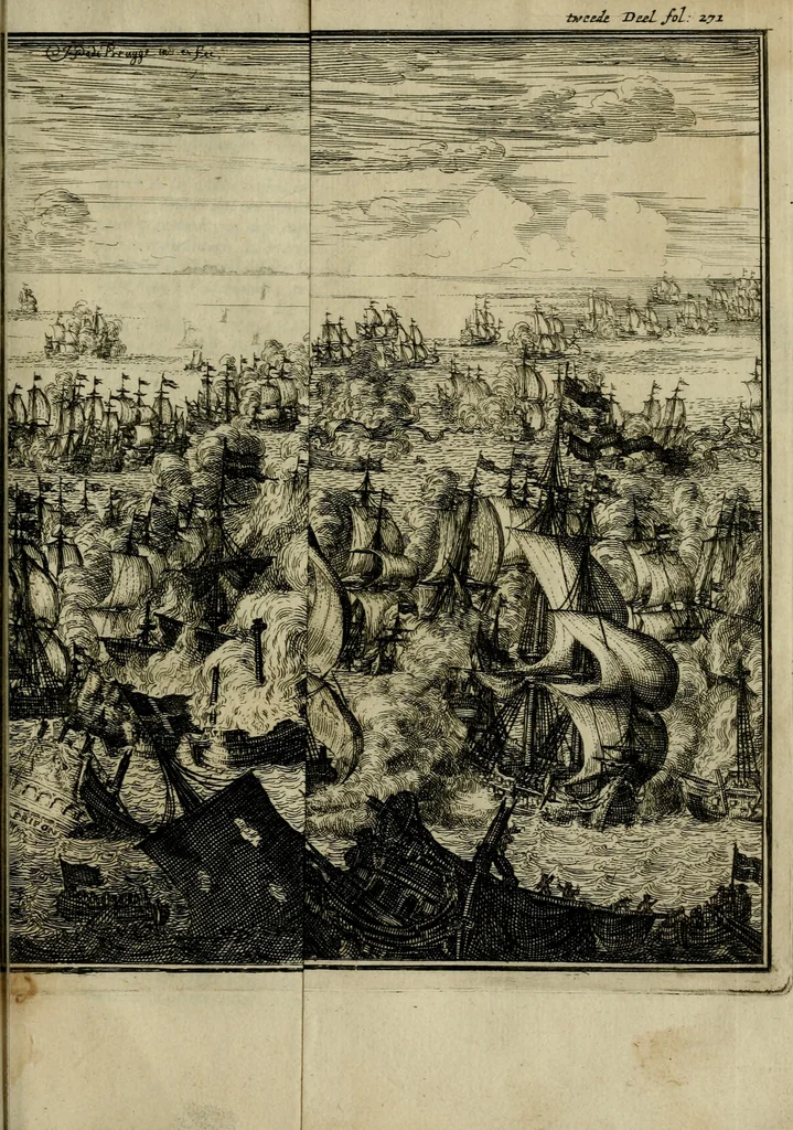 An illustration from Leeven en daden der doorluchtighste zee-helden en ontdeckers van landen deser eeuwen : beginnende met Christoffel Colombus, vinder van de nieuwe wereldt, en eyndigende met den roemruchtigen admirael M.A. de Ruyter, Ridd. &c. : vertoonende veel vreemde voorvallen, dappere verrichtingen, stoutmoedige bestieringen, en swaere zee-slagen, &c. : naeukeurigh, uyt veele geloofwaerdige schriften, en authentijcke stucken, by een gebracht, en beschreven, 1676, leaf 690