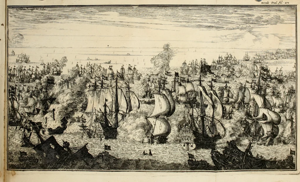 An illustration from Leeven en daden der doorluchtighste zee-helden en ontdeckers van landen deser eeuwen : beginnende met Christoffel Colombus, vinder van de nieuwe wereldt, en eyndigende met den roemruchtigen admirael M.A. de Ruyter, Ridd. &c. : vertoonende veel vreemde voorvallen, dappere verrichtingen, stoutmoedige bestieringen, en swaere zee-slagen, &c. : naeukeurigh, uyt veele geloofwaerdige schriften, en authentijcke stucken, by een gebracht, en beschreven, 1676, leaf 691