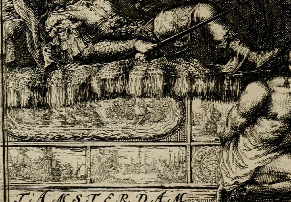 An illustration from Leeven en daden der doorluchtighste zee-helden en ontdeckers van landen deser eeuwen : beginnende met Christoffel Colombus, vinder van de nieuwe wereldt, en eyndigende met den roemruchtigen admirael M.A. de Ruyter, Ridd. &c. : vertoonende veel vreemde voorvallen, dappere verrichtingen, stoutmoedige bestieringen, en swaere zee-slagen, &c. : naeukeurigh, uyt veele geloofwaerdige schriften, en authentijcke stucken, by een gebracht, en beschreven, 1676, leaf 7