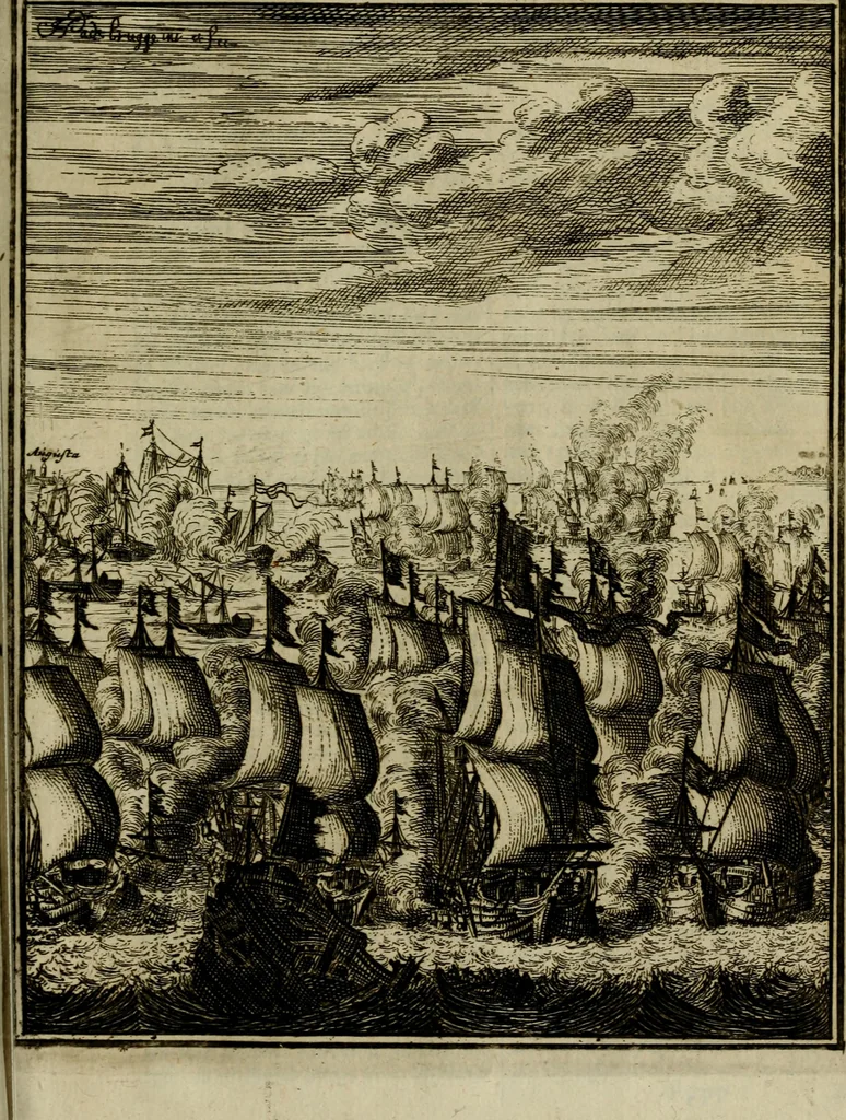 An illustration from Leeven en daden der doorluchtighste zee-helden en ontdeckers van landen deser eeuwen : beginnende met Christoffel Colombus, vinder van de nieuwe wereldt, en eyndigende met den roemruchtigen admirael M.A. de Ruyter, Ridd. &c. : vertoonende veel vreemde voorvallen, dappere verrichtingen, stoutmoedige bestieringen, en swaere zee-slagen, &c. : naeukeurigh, uyt veele geloofwaerdige schriften, en authentijcke stucken, by een gebracht, en beschreven, 1676, leaf 722